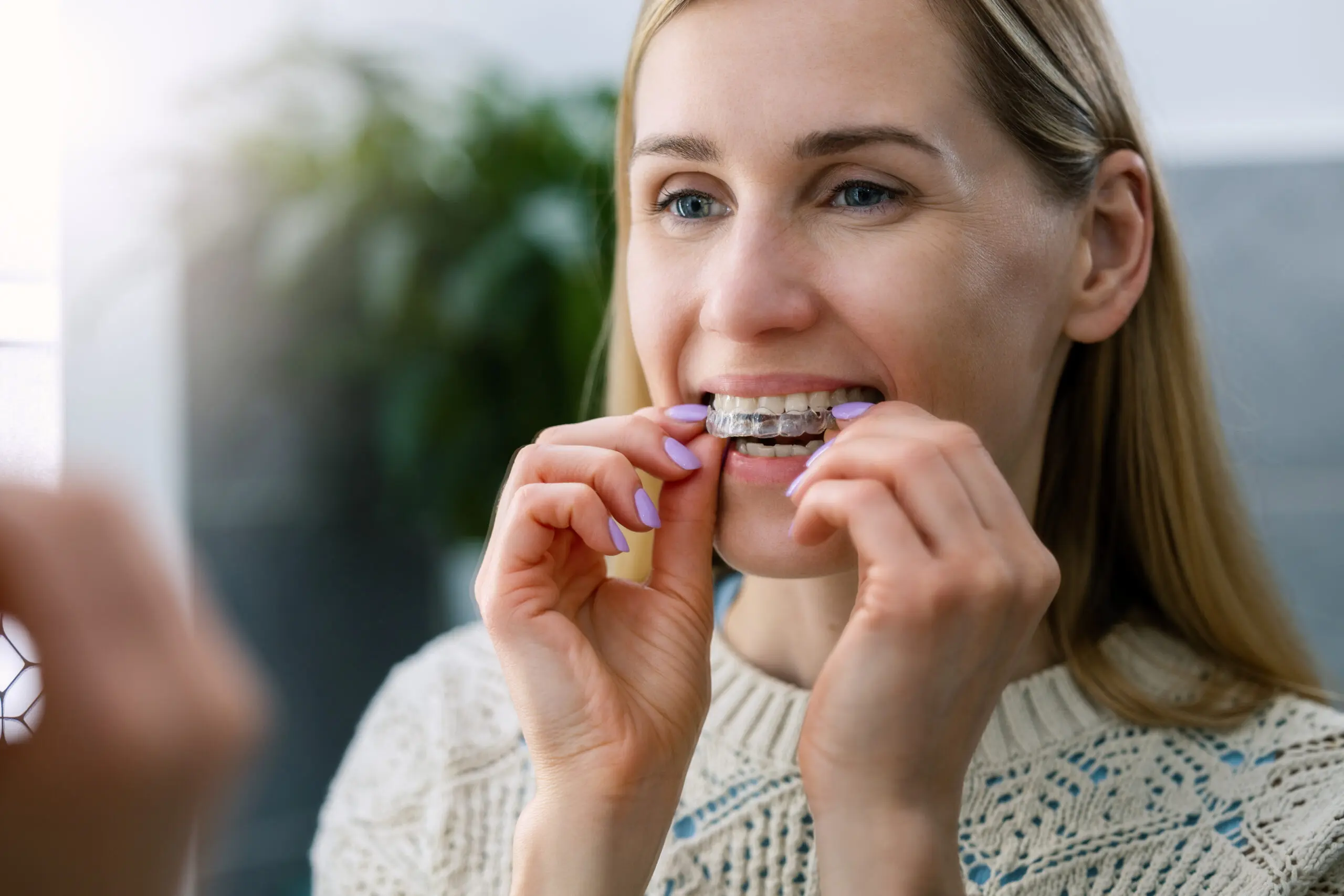 Women Putting Clear Aligners Into Her Mouth Scaled
